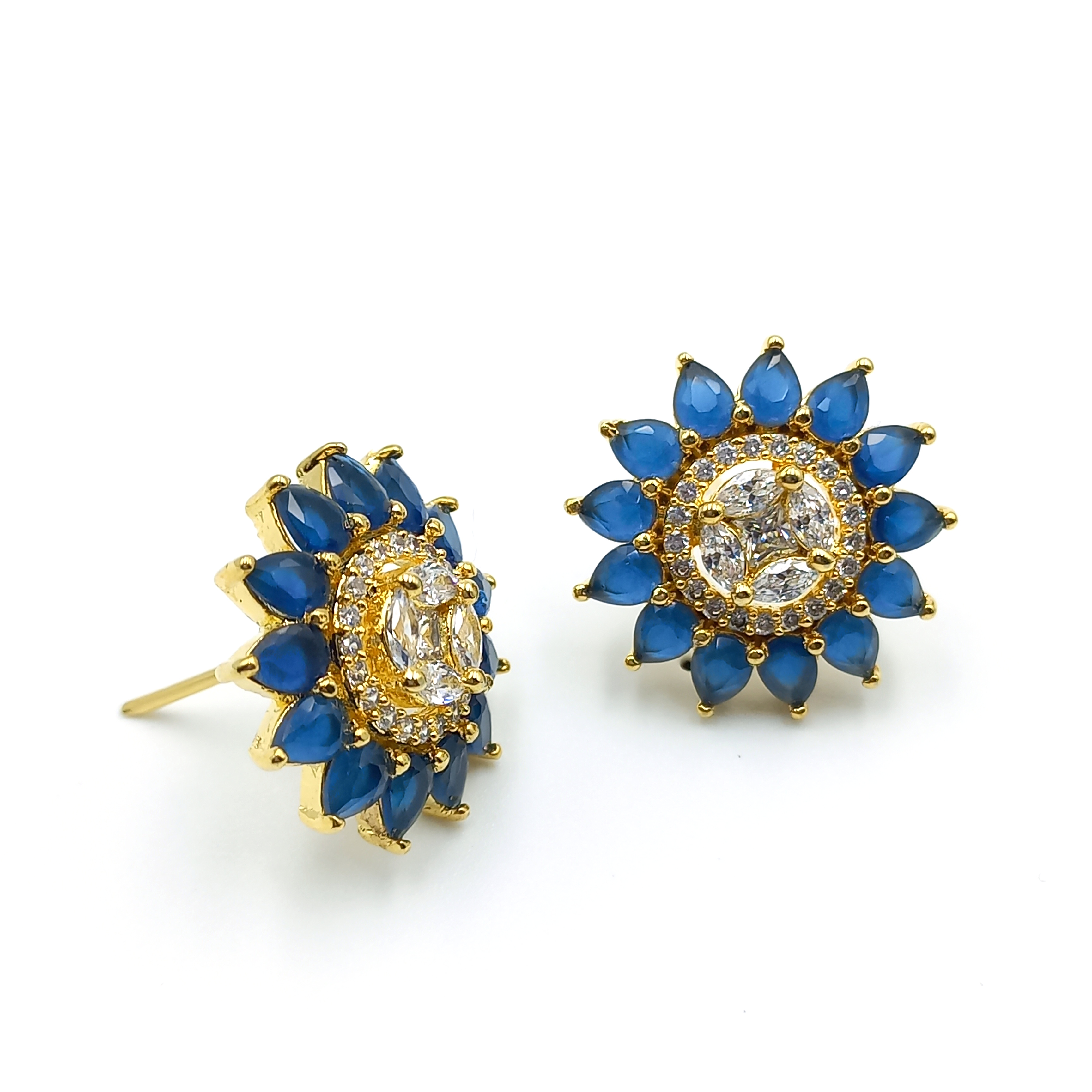 Gold plated royal blue and white american diamond studs