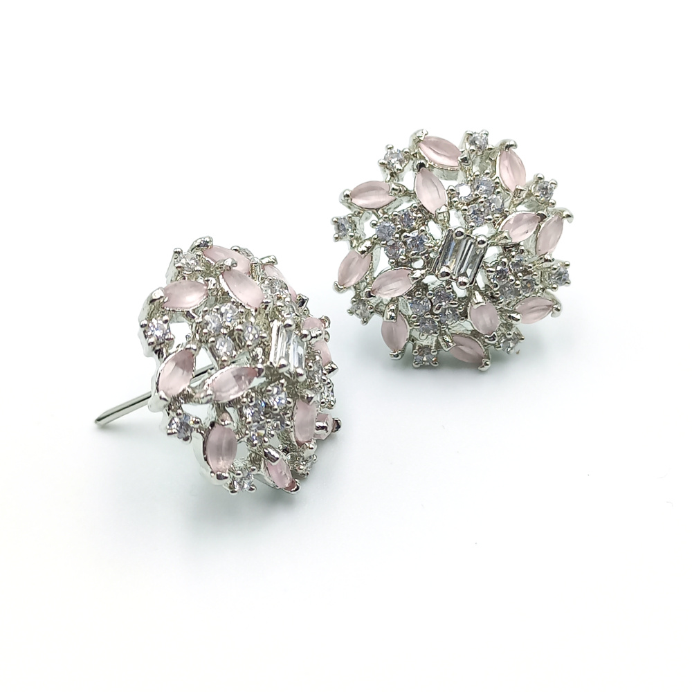 Elegant Pink Luxury Round Studs Silver Earrings